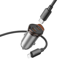 Automobilinis įkroviklis Hoco 2 x USB C QC PD 45W + laidas USB C į Lightning NZ16B, metalo pilkas