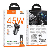Automobilinis įkroviklis Hoco 2 x USB C QC PD 45W + laidas USB C į Lightning NZ16B, metalo pilkas