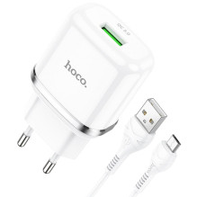 Telefono įkroviklis Hoco USB A QC3.0 3A 18W + laidas USB A į Micro USB N3 baltas