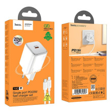 Telefono įkroviklis Hoco USB C QC PD 20W + laidas USB C - Lightning N40, baltas