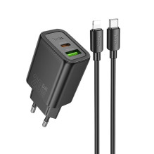 Telefono įkroviklis Hoco USB A + USB C QC3.0 PD 3A 20W + laidas USB C - Lightning N61 juodas