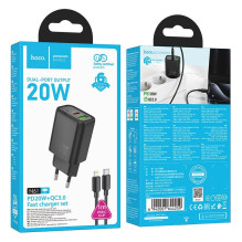 Telefono įkroviklis Hoco USB A + USB C QC3.0 PD 3A 20W + laidas USB C - Lightning N61 juodas