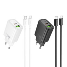 Phone charger Hoco USB A + USB C QC3.0 PD 3A 20W + cable USB C to USB C N61 black