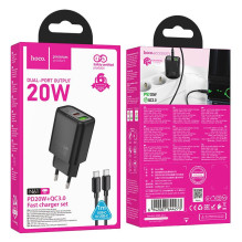 Telefono įkroviklis Hoco USB A + USB C QC3.0 PD 3A 20W + laidas USB C į USB C N61 juodas