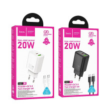 Telefono įkroviklis Hoco USB A + USB C QC3.0 PD 3A 20W + laidas USB C į USB C N61 baltas
