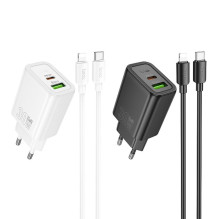 Phone charger Hoco USB A + USB C QC3.0 PD 3A 30W + cable USB C to Lightning N63 black