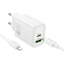 Telefono įkroviklis Hoco USB A + USB C QC3.0 PD 3A 30W + laidas USB C - Lightning N63 baltas