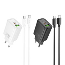 Phone charger Hoco USB A + USB C QC3.0 PD 3A 30W + cable USB C to USB C N63 black