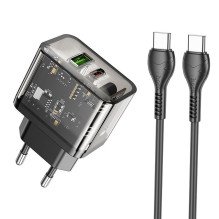 Telefono įkroviklis Hoco USB A + USB C QC3.0 PD 3A 20W + laidas USB C į USB C N34 skaidrus