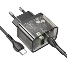 Telefono įkroviklis Hoco USB A + USB C QC3.0 PD 3A 20W + laidas USB C į USB C N34 skaidrus