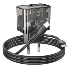 Telefono įkroviklis Hoco USB A + USB C QC3.0 PD 3A 20W + laidas USB C į USB C N34 skaidrus