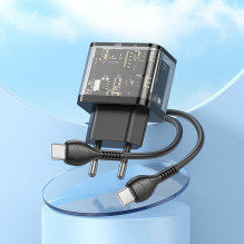 Phone charger Hoco USB A + USB C QC3.0 PD 3A 20W + cable USB C to USB C N34 transparnent