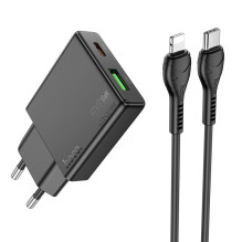 Telefono įkroviklis Hoco Slim USB A + USB C QC3.0 PD 3A 20W + laidas USB C - Lightning N38 juodas