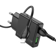 Telefono įkroviklis Hoco Slim USB A + USB C QC3.0 PD 3A 20W + laidas USB C - Lightning N38 juodas