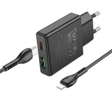 Telefono įkroviklis Hoco Slim USB A + USB C QC3.0 PD 3A 20W + laidas USB C - Lightning N38 juodas