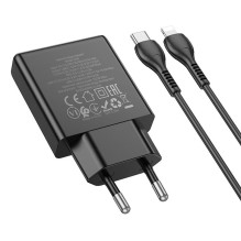 Phone charger Hoco Slim USB A + USB C QC3.0 PD 3A 20W + cable USB C to Lightning N38 black