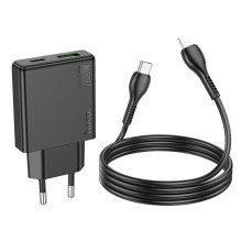 Telefono įkroviklis Hoco Slim USB A + USB C QC3.0 PD 3A 20W + laidas USB C - Lightning N38 juodas
