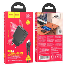 Phone charger Hoco Slim USB A + USB C QC3.0 PD 3A 20W + cable USB C to Lightning N38 black