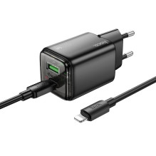 Telefono įkroviklis Hoco USB A + USB C QC3.0 PD 3A 20W + laidas USB C - Lightning N52 juodas