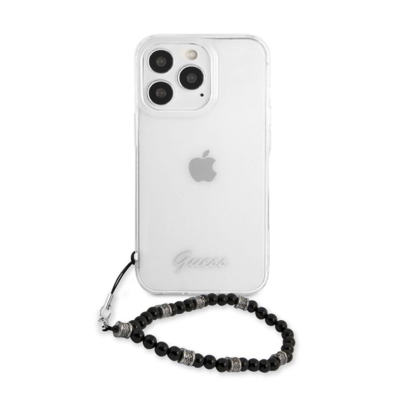 „Guess“ Apple iPhone 13 Pro PC Script and Black Pearls dėklas permatomas