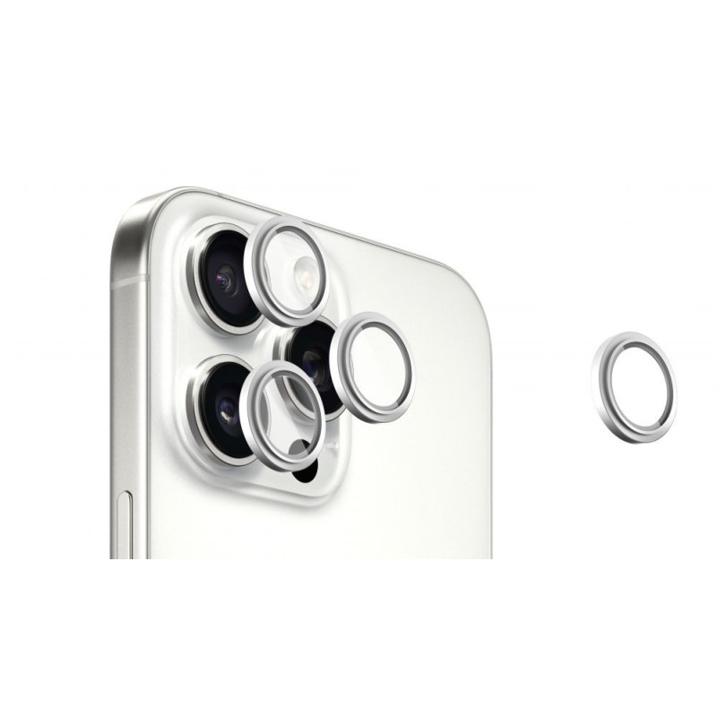 „Evelatus Apple iPhone 16 Pro / 16 Pro Max“ kameros objektyvo apsauga, šarvuotas, baltos spalvos, titano spalvos