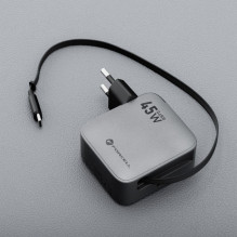 Phone charger Forcell F-Energy GaN USB C + retractable cable USB C PD QC4.0 3A 45W VT-R5 gray Phone charger Forcell F-Energy GaN USB C + retractable cable USB C PD QC4.0 3A 45W VT-R5 gray