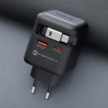 Telefono įkroviklis Forcell F-Energy GaN USB C + USB A + ištraukiamas laidas USB C PD QC4.0 3A 70W VT-R7 pilkas Telefono įkroviklis Forcell F-Energy GaN USB C + USB A + ištraukiamas laidas USB C PD QC4.0 3A 70W VT-R7 pilkas