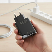 Phone charger Forcell F-Energy Ultra Slim GaN III USB C + USB A PD QC4.0 3A 45W B245202(1A1C) black Phone charger Forcell F-Energy Ultra Slim GaN III USB C + USB A PD QC4.0 3A 45W B245202(1A1C) black
