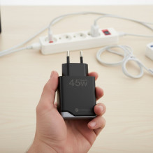 Phone charger Forcell F-Energy Ultra Slim GaN III USB C + USB A PD QC4.0 3A 45W B245202(1A1C) black Phone charger Forcell F-Energy Ultra Slim GaN III USB C + USB A PD QC4.0 3A 45W B245202(1A1C) black