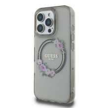 GUESS dėklas, skirtas IPHONE 16 Pro, suderinamas su MagSafe GUHMP16LHFWFCK (IML gėlių vainikas), juodas