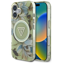 GUESS dėklas, skirtas IPHONE 16, suderinamas su „MagSafe GUHMP16SHFLPEDN“ (IML metalinis blizgučių trikampis), žalias