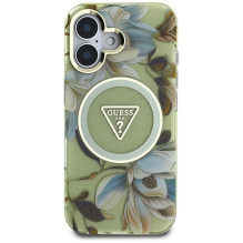GUESS case for IPHONE 16 compatible with MagSafe GUHMP16SHFLPEDN (IML Metal Glitter Flowers Triangle) green