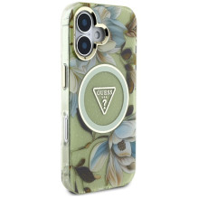 GUESS dėklas, skirtas IPHONE 16, suderinamas su „MagSafe GUHMP16SHFLPEDN“ (IML metalinis blizgučių trikampis), žalias