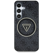 GUESS dėklas SAMSUNG S25 GUHMS25SHG4PRTGK (magnetinis IML metalinis blizgučių 4G apskritimo trikampio formos dėklas) juo