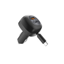 Automobilinis įkroviklis Forcell F-Energy Alu USB C + USB A + ištraukiamas laidas USB C PD QC4.0 SFC2.0 3A 75W juodas