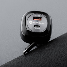 Automobilinis įkroviklis Forcell F-Energy Alu USB C + USB A + ištraukiamas laidas USB C PD QC4.0 SFC2.0 3A 75W juodas