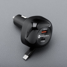 Automobilinis įkroviklis Forcell F-Energy Alu USB C + USB A + ištraukiamas laidas USB C PD QC4.0 SFC2.0 3A 75W juodas