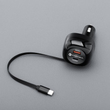 Automobilinis įkroviklis Forcell F-Energy Alu USB C + USB A + ištraukiamas laidas USB C PD QC4.0 SFC2.0 3A 75W juodas