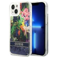 GUESS dėklas IPHONE 13 / 14 / 15 GUHCP14SLFLSB (gėlių spalvos skysti blizgučiai) mėlynas