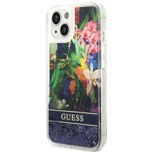 GUESS dėklas IPHONE 13 / 14 / 15 GUHCP14SLFLSB (gėlių spalvos skysti blizgučiai) mėlynas
