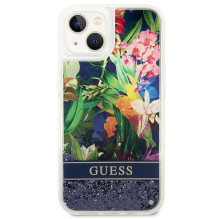 GUESS dėklas IPHONE 13 / 14 / 15 GUHCP14SLFLSB (gėlių spalvos skysti blizgučiai) mėlynas