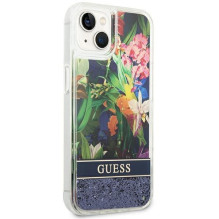 GUESS dėklas IPHONE 13 / 14 / 15 GUHCP14SLFLSB (gėlių spalvos skysti blizgučiai) mėlynas