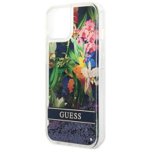 GUESS dėklas IPHONE 13 / 14 / 15 GUHCP14SLFLSB (gėlių spalvos skysti blizgučiai) mėlynas