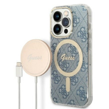 GUESS rinkinys IPHONE 14 Pro, suderinamas su MagSafe GUBPP14LH4EACSB (Rinkinys / Dėklas + Įkroviklis / 4G) aukso ir mėly