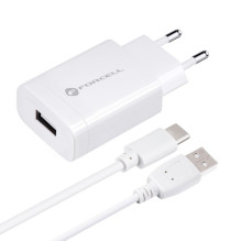 Telefono įkroviklis Forcell F-Energy USB A QC3.0 2,4A 18W + laidas USB A į USB C TFK-TC-1099 baltas