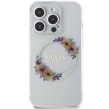 GUESS case for IPHONE 15 Pro Max compatible with MagSafe GUHMP15XHFWFCT (Flowers Wreath) transparent