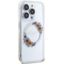 GUESS dėklas, skirtas IPHONE 15 Pro Max, suderinamas su MagSafe GUHMP15XHFWFCT (gėlių vainikas), skaidrus
