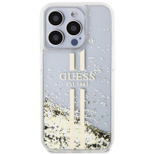 GUESS dėklas IPHONE 15 Pro GUHCP15LLFCSEGT (skystų blizgučių aukso juostelėmis) skaidrus
