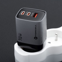 Telefono įkroviklis Forcell F-Energy GaN III 2 x USB C + USB A QC4.0 3,45A PD 70W SAM SFC2.0 su LCD ekranu VT-37 pilkas Telefono įkroviklis Forcell F-Energy GaN III 2 x USB C + USB A QC4.0 3,45A PD 70W SAM SFC2.0 su LCD ekranu VT-37 pilkas