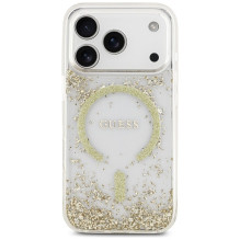 GUESS dėklas, skirtas IPHONE 17 Pro, suderinamas su MagSafe GUHMP17LRGRGED (blizgučiais apačioje), auksinis